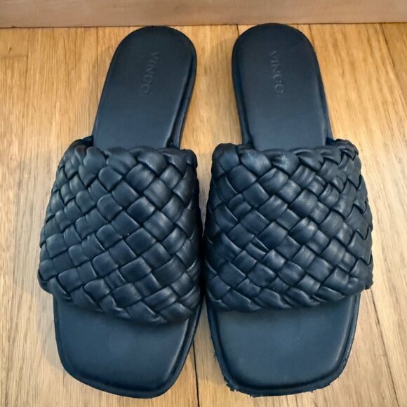 Vince Size 6.5 Black Rumi Woven Leather Slip On Comfort Flats Slide Sandals - Picture 3 of 16